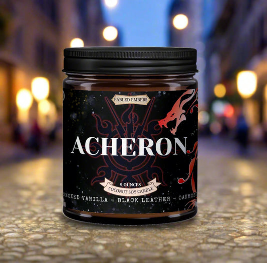 Candle jar labeled 'Acheron' with decorative design on a white background