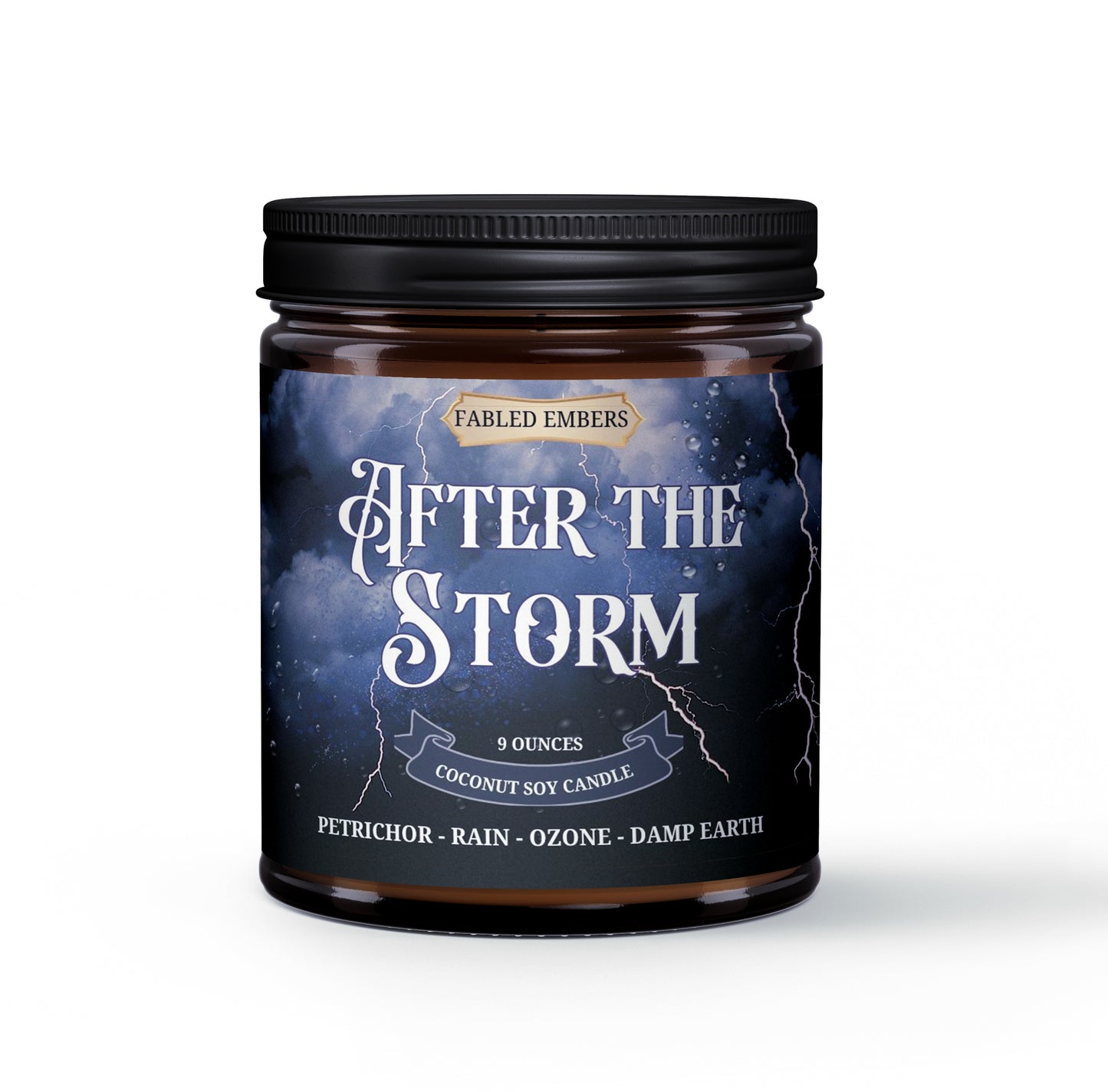 Candle jar labeled 'After the Storm' by Fabled Embers on a white background