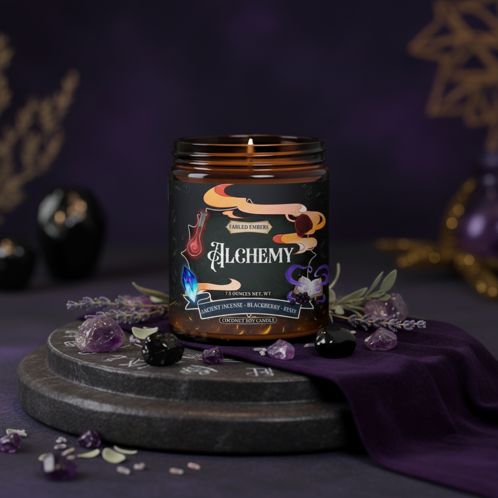 Candle labeled 'Alchemy' on a dark background with decorative elements