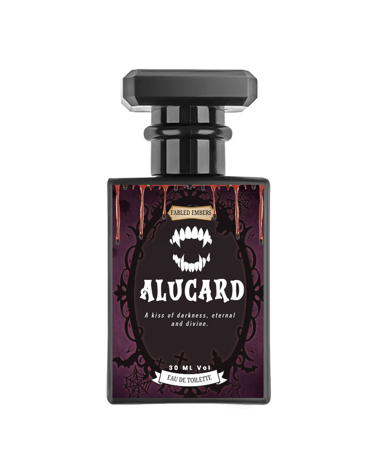 Perfume bottle labeled 'Alucard' with a dark design on a white background