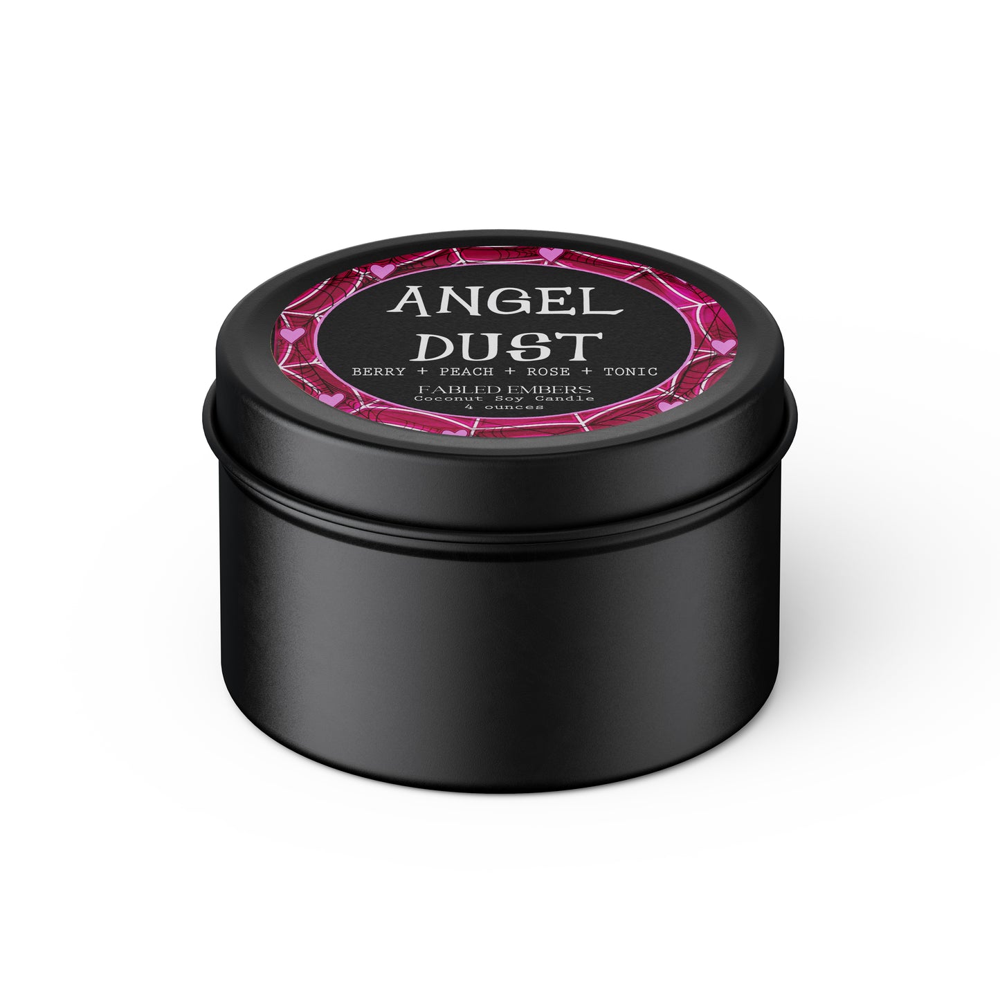 Angel Dust Smells like Champagne Cotton Candy Rose and Pomegranates. Sweet. Hazbin Hotel. 4oz candle black tin