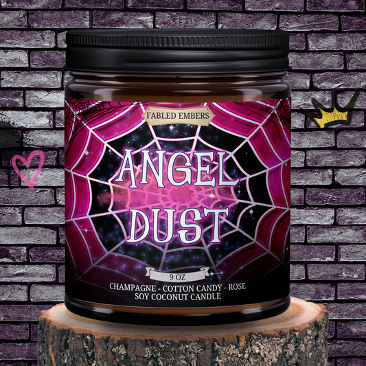Angel Dust Smells like Champagne Cotton Candy Rose and Pomegranates. Sweet. Hazbin Hotel. 9oz candle amber glass jar