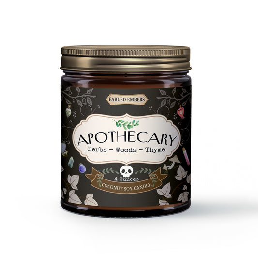 "Apothecary" coconut soy candle. A witchy, bookish dream! Features mystical herbs, potions, and a skull on its label. Enjoy herbal woods & thyme – ideal for cottagecore vibes & spellbinding reads.