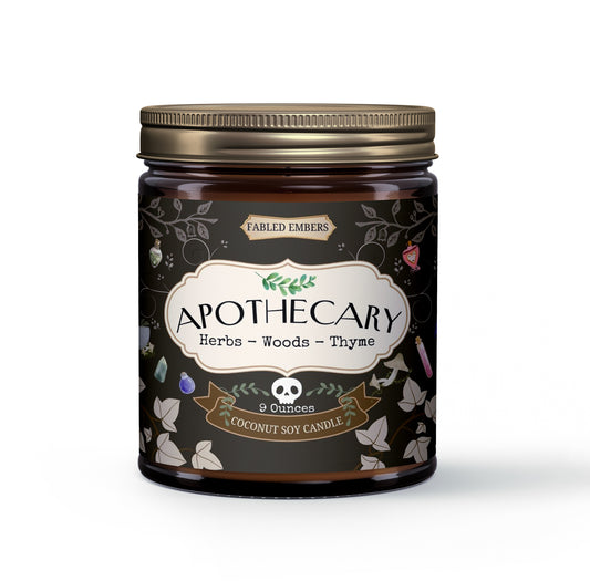 Unearth ancient secrets with our "Apothecary" coconut soy candle! Its enchanting label, adorned with mystical herbs, sparkling potion bottles, and a subtle skull, conjures the spirit of an old-world witch's study. Infused with aromatic thyme, wild herbs, and deep woods, it's perfect for your cottagecore sanctuary or magical reading rituals.