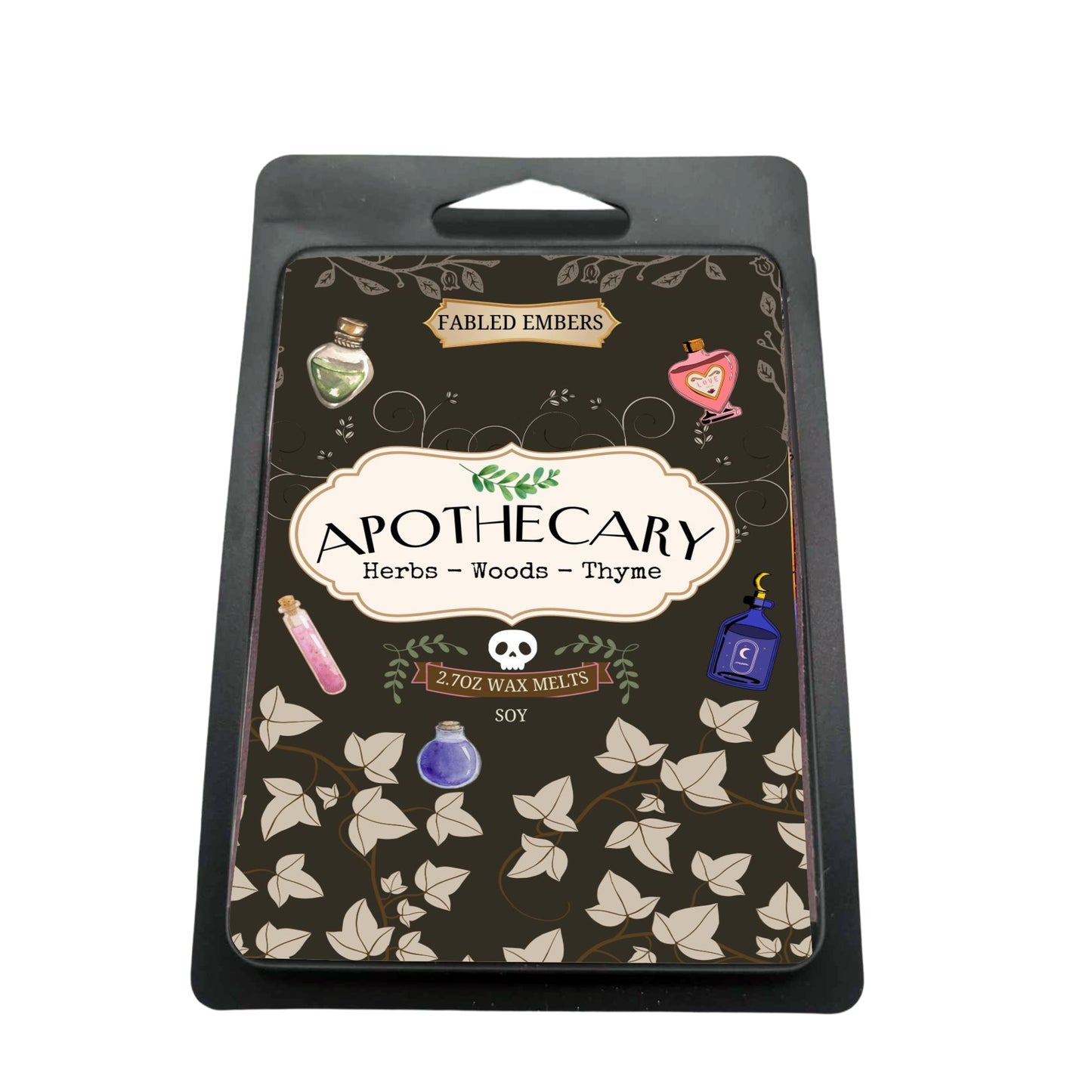 "Apothecary" wax melts in matte black clamshell. The dark, mystical label features an ornate frame, vintage apothecary vials, shimmering gems, scattered herbs, and a subtle skull motif. Scent notes: Thyme, aromatic herbs, grounding woods.