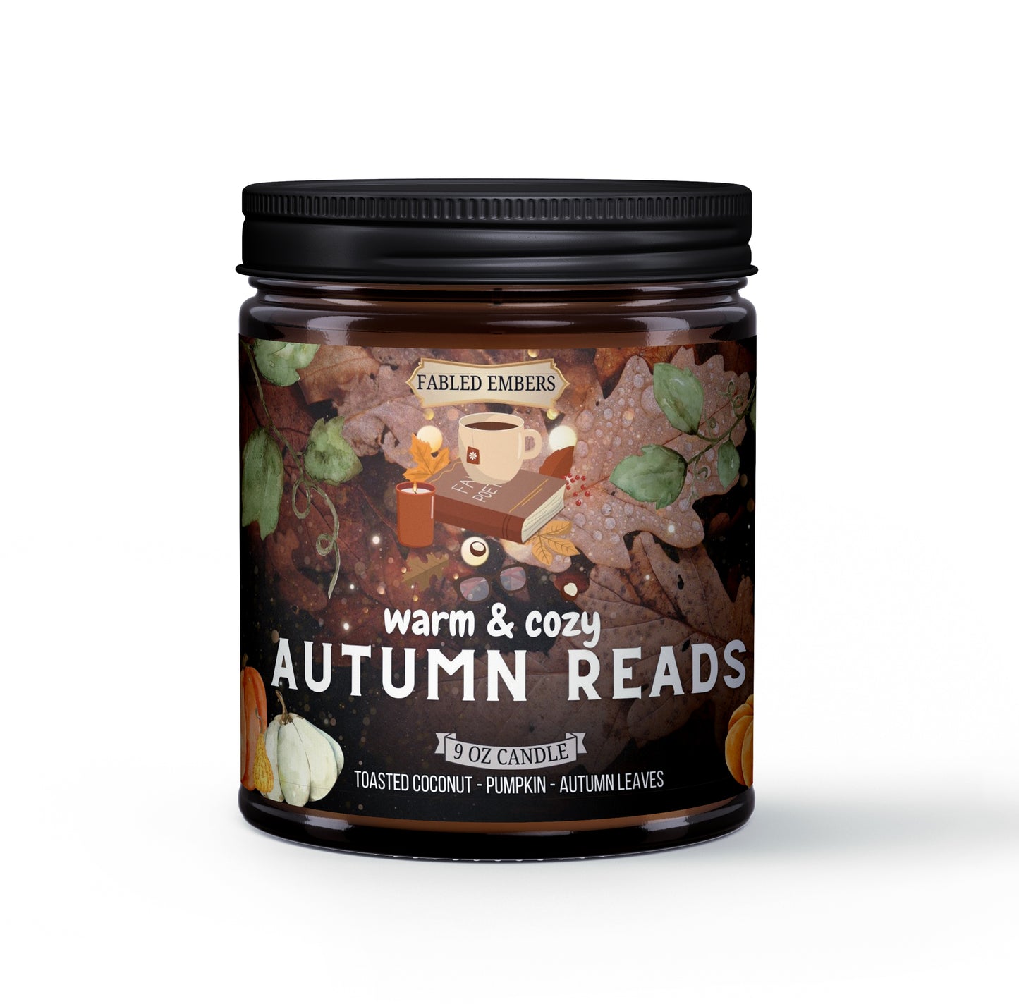 Warm and Cozy Autumn Reads 9oz Amber Glass Jar Coconut Soy Wax Candle. Smells like coconut pumpkin and autumn leaves. Cottagecore, bookish, soft girl