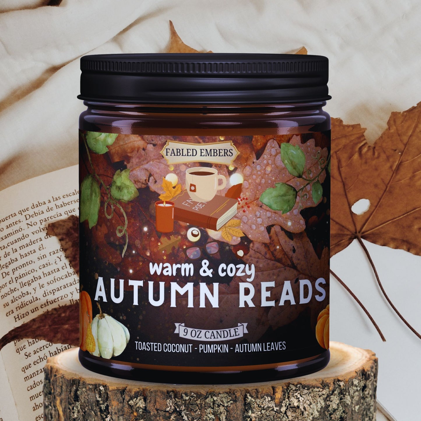 Warm and Cozy Autumn Reads 9oz Amber Glass Jar Coconut Soy Wax Candle. Smells like coconut pumpkin and autumn leaves. Cottagecore, bookish, soft girl