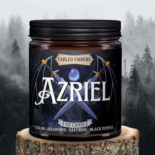 AZRIEL the SHADOWSINGER inspired by acotar Coconut soy wax candle smells like saffron and cedar and shadows 9oz amber glass jar