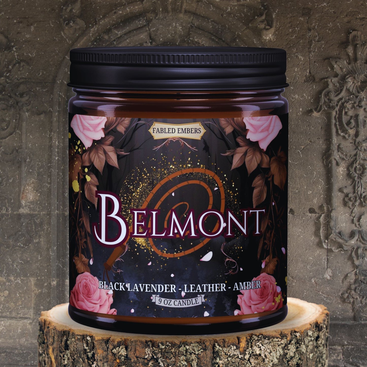 BELMONT Trevor castlevania inspired candle in amber glass jar 9 oz Scent: dark lavender, amber, salt, wood, hint of lemon, leather