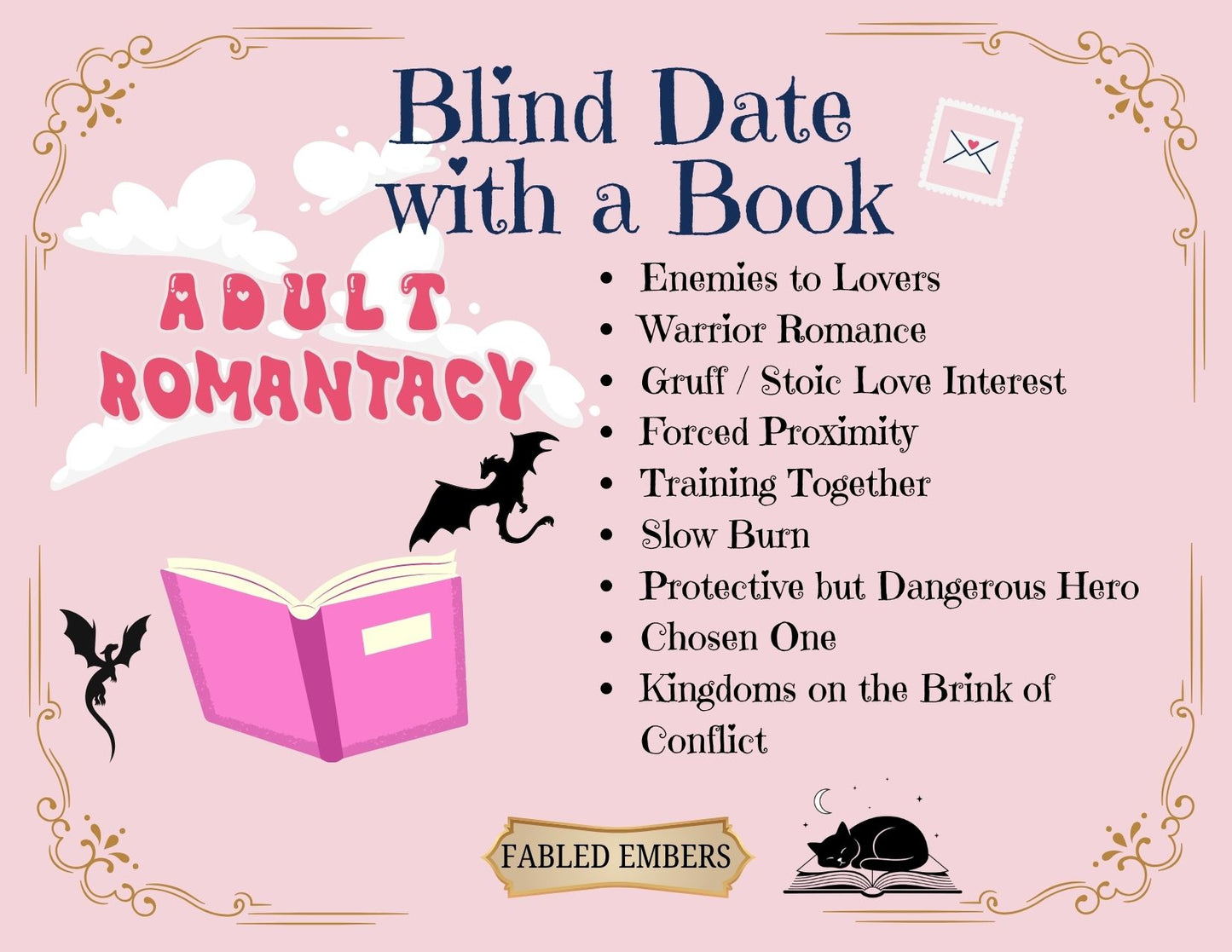 Promotional graphic for 'Blind Date with a Book' featuring a pink book and dragon illustrations on a pink background.