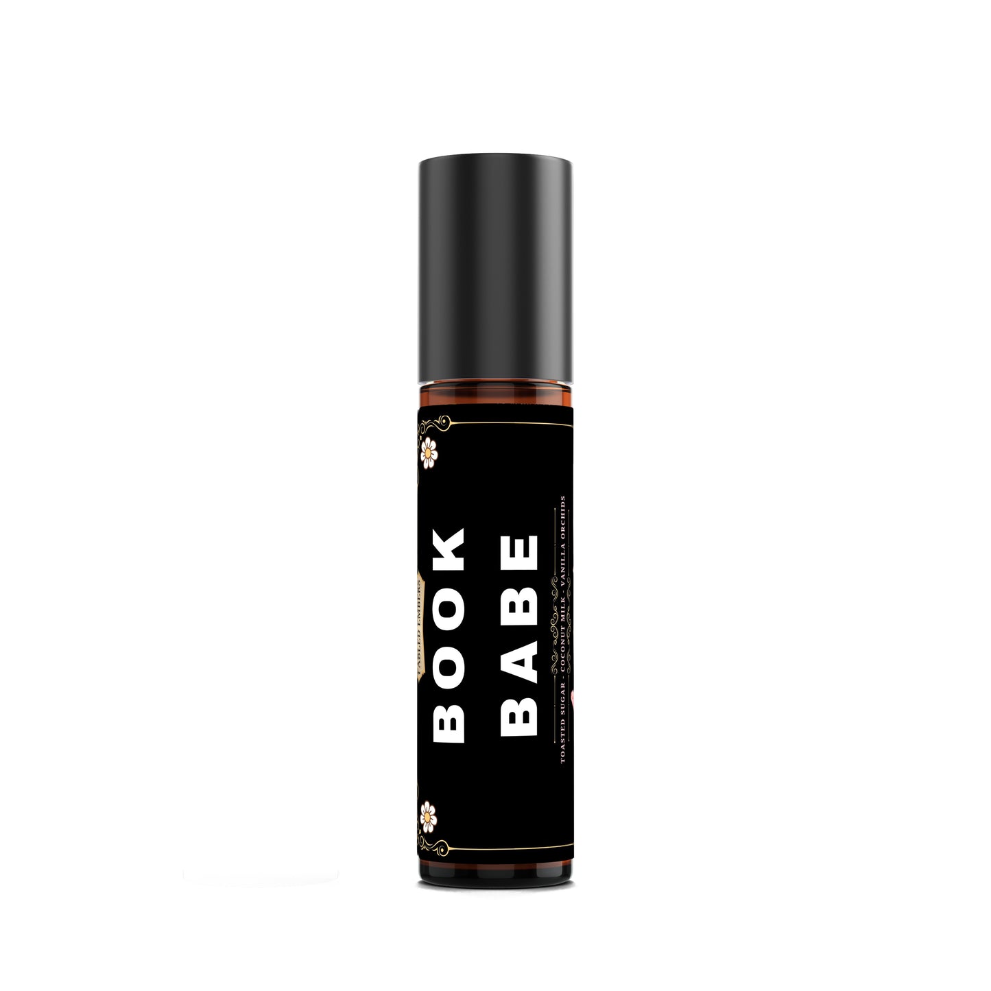 Black bottle labeled 'BOOK BABE' on a white background