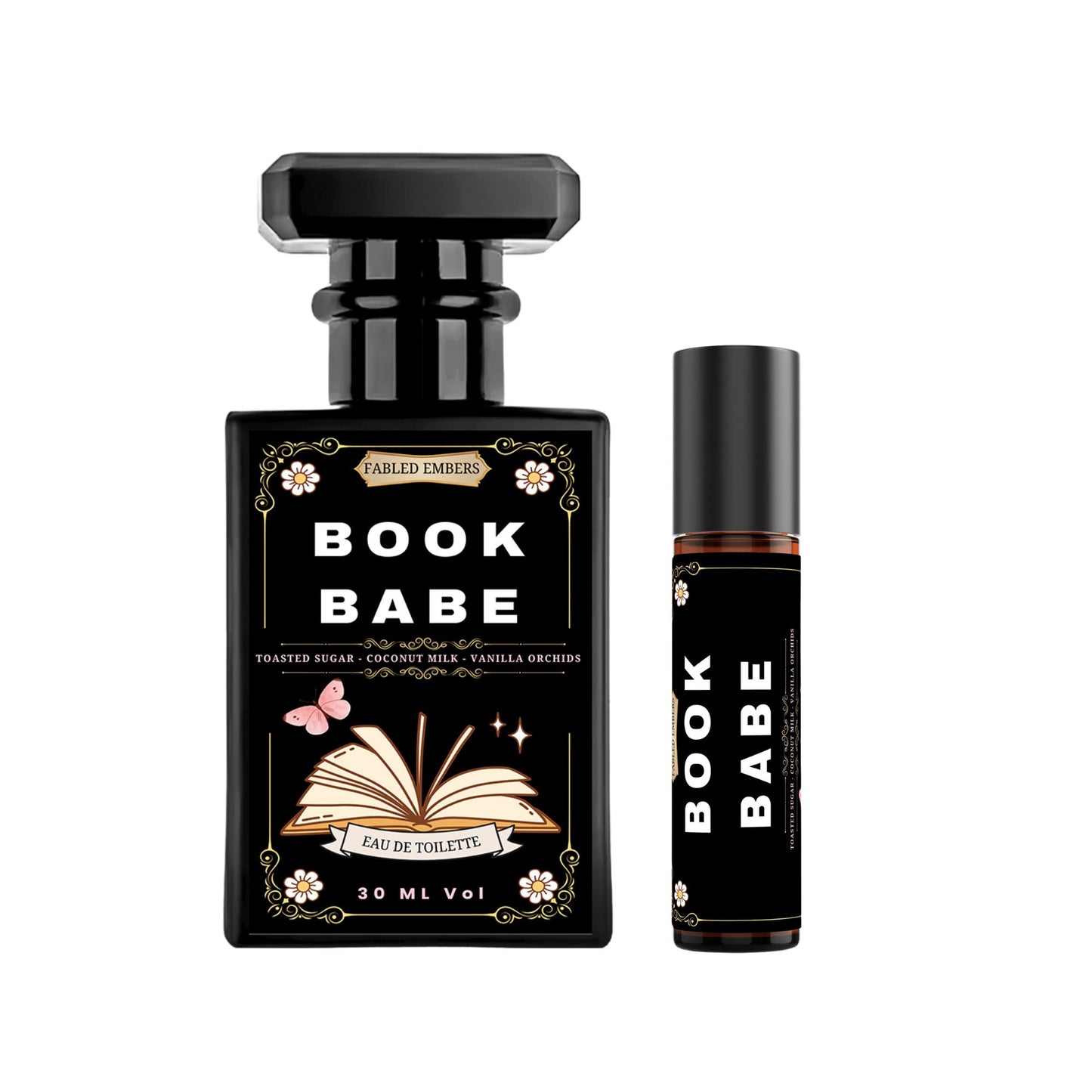 Two black perfume bottles labeled 'Book Babe' on a white background