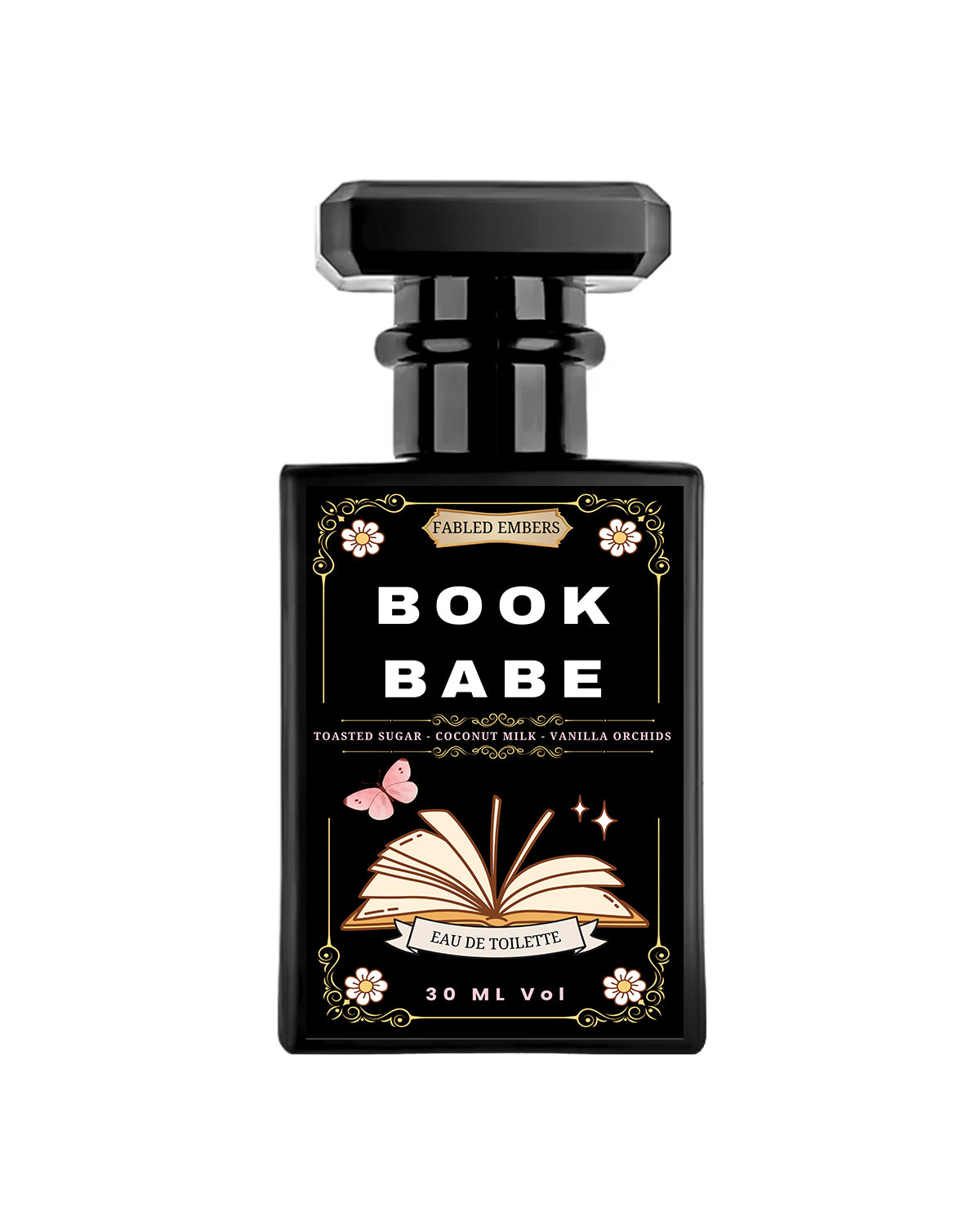 Perfume bottle labeled 'Book Babe' on a white background