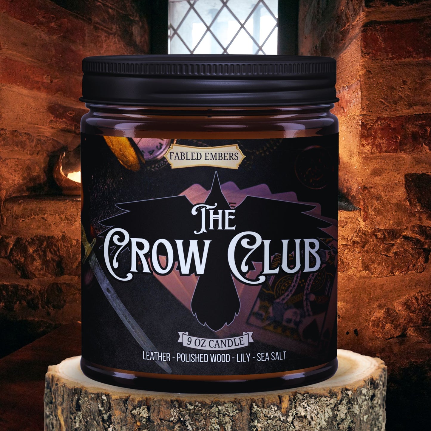The Crow Club Ketterdam's den of thieves smells like leather and polished wood with notes of sea salt and amber. Inspired by 6 of Crows Amber Glass Jar Candle 9oz
