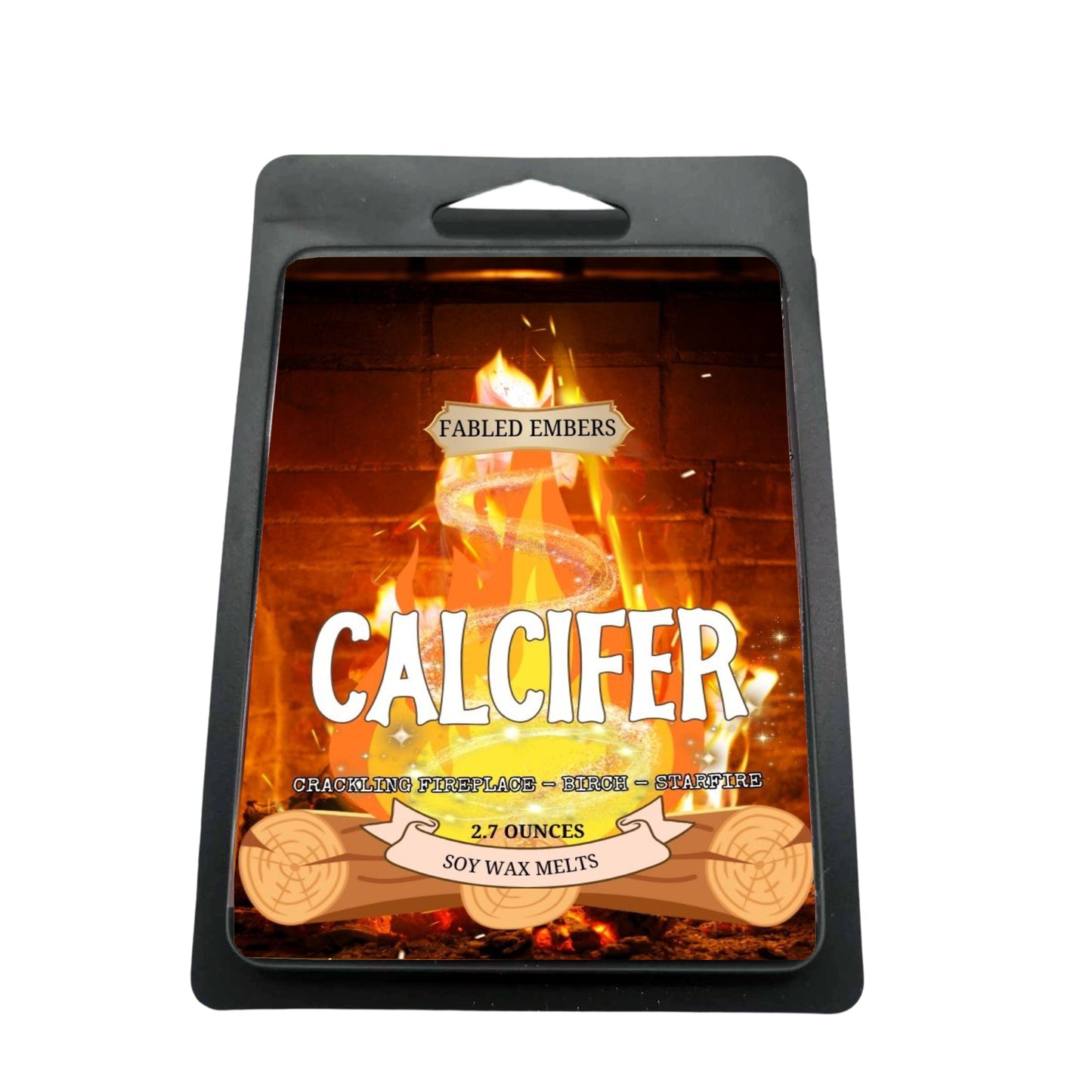 Soy wax melts with a vibrant label depicting Calcifer from Howl's Moving Castle, surrounded by crackling flames. Clamshell is labeled "Fabled Embers - Calcifer" and is scented with crackling fireplace, birch, and starfire.