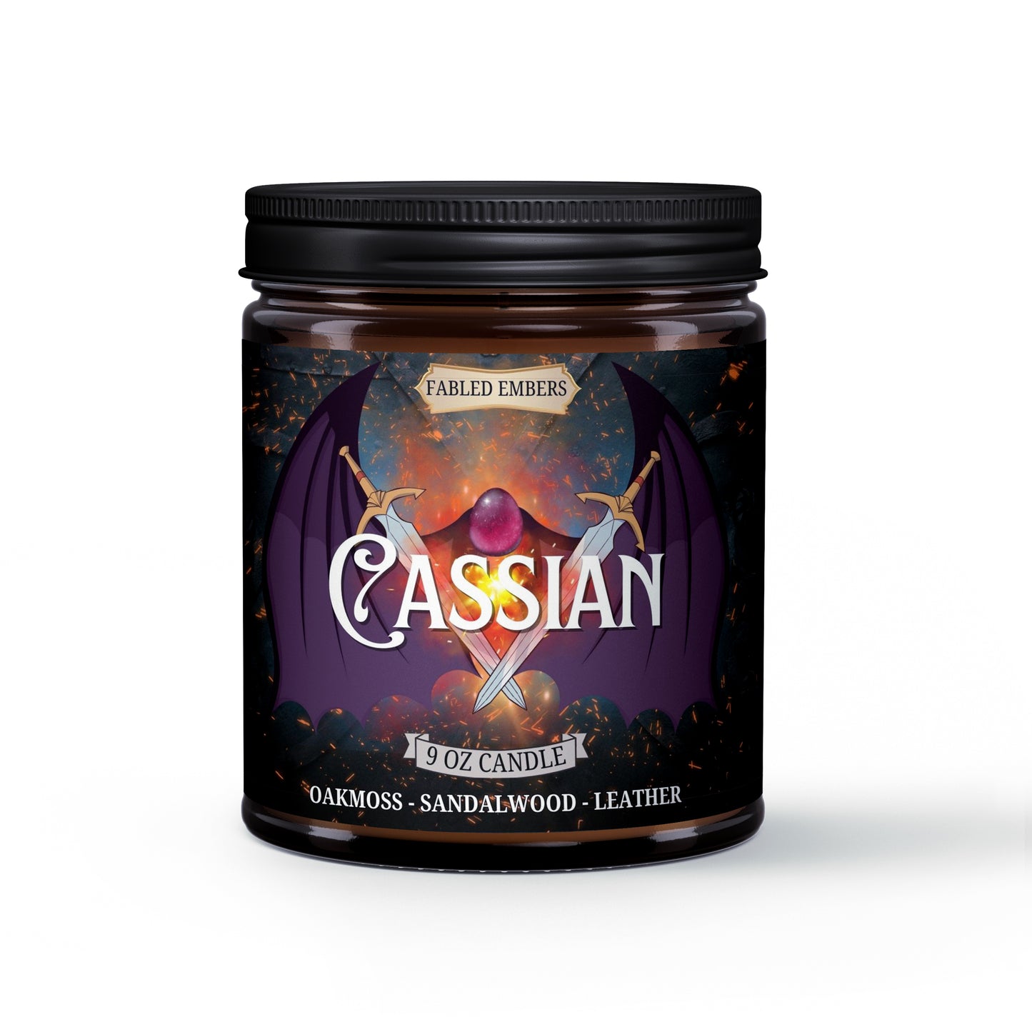 CASSIAN smells like a sexy bat boy from the Night Court. Oakmoss, leather, peppercorns, and sandalwood. Bookish 9 ounce coconut soy candle in an amber glass jar