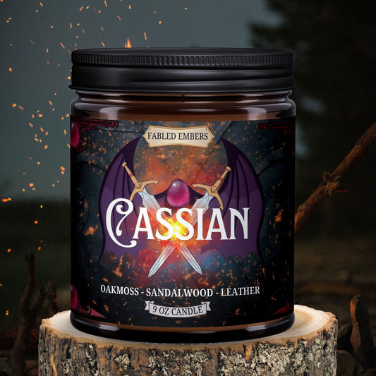 CASSIAN smells like a sexy bat boy from the Night Court.  Oakmoss, leather, peppercorns, and sandalwood.  Bookish  9 ounce coconut soy candle in an amber glass jar