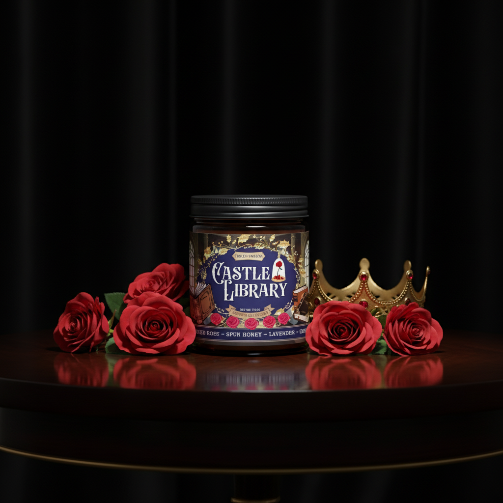 Jar labeled 'Castle Library' with red roses and a gold crown on a dark background