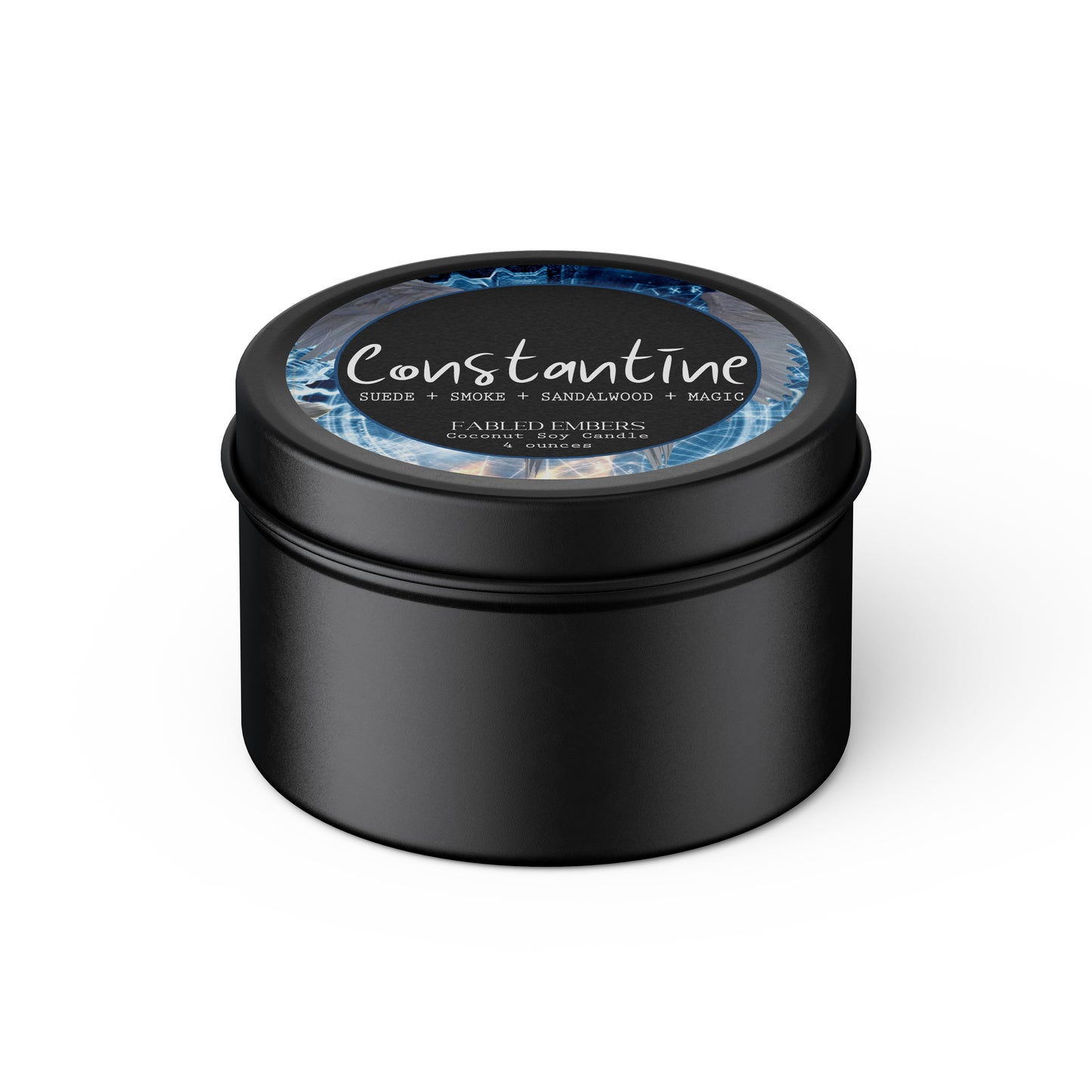 4 ounce cococnut soy candle in a black tin. CONSTANTINE smells like smoke suede and incense. Perfect for comic fans.