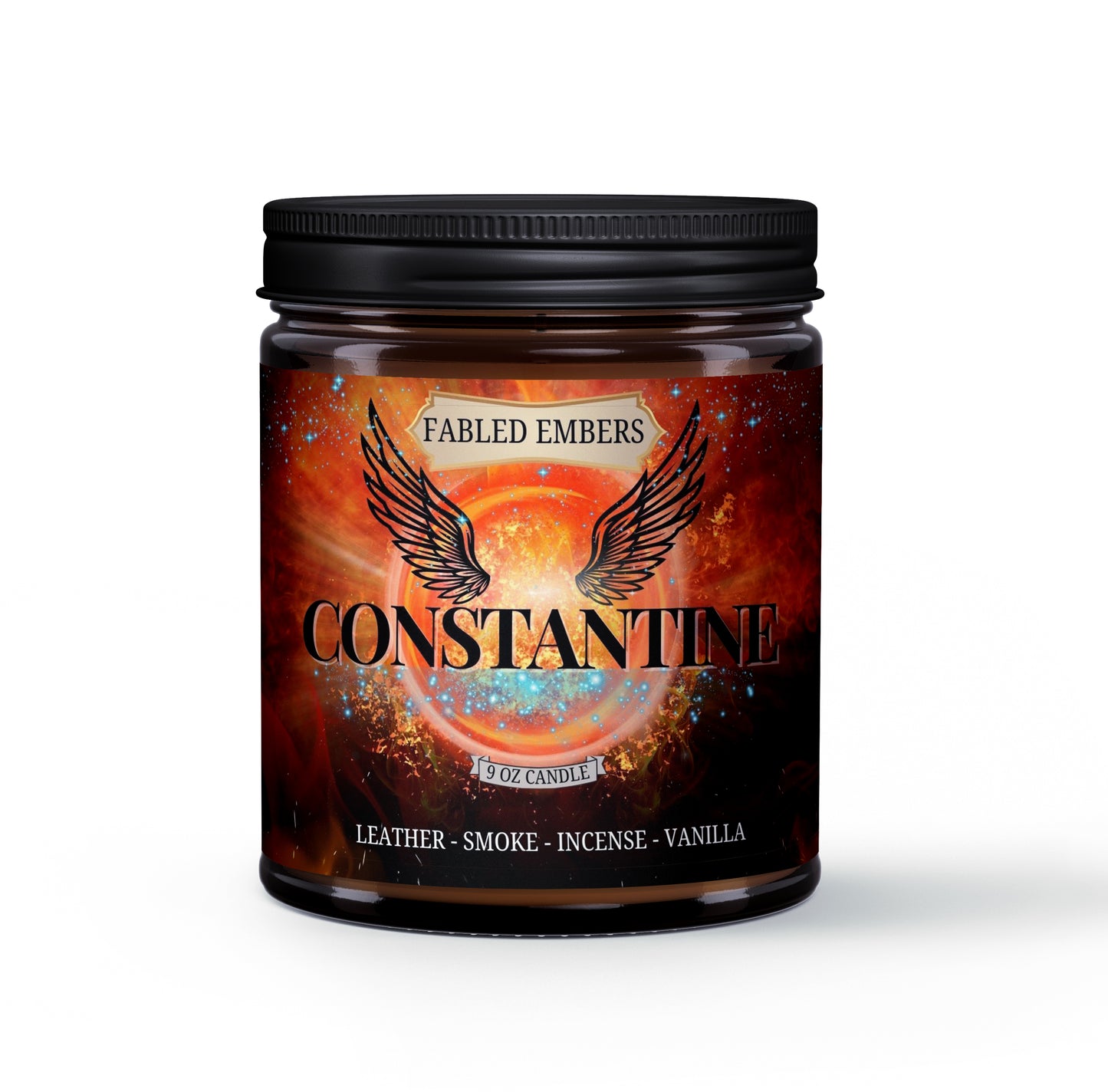 9 ounce cococnut soy candle in an amber glass jar. CONSTANTINE smells like smoke suede and incense. Perfect for comic fans.