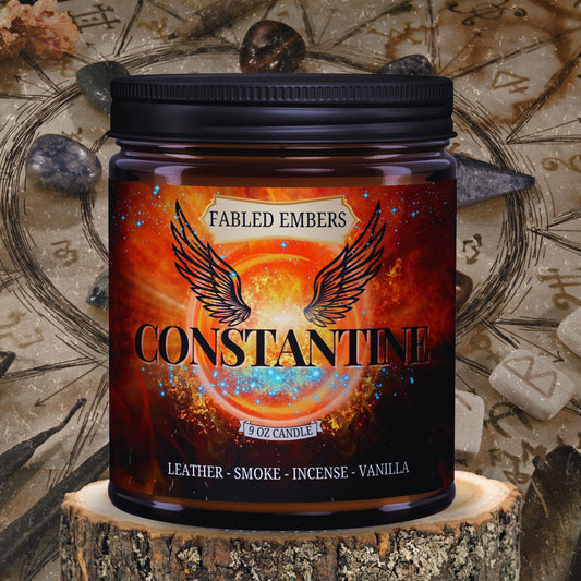 9 ounce cococnut soy candle in an amber glass jar. CONSTANTINE smells like smoke suede and incense. Perfect for comic fans.