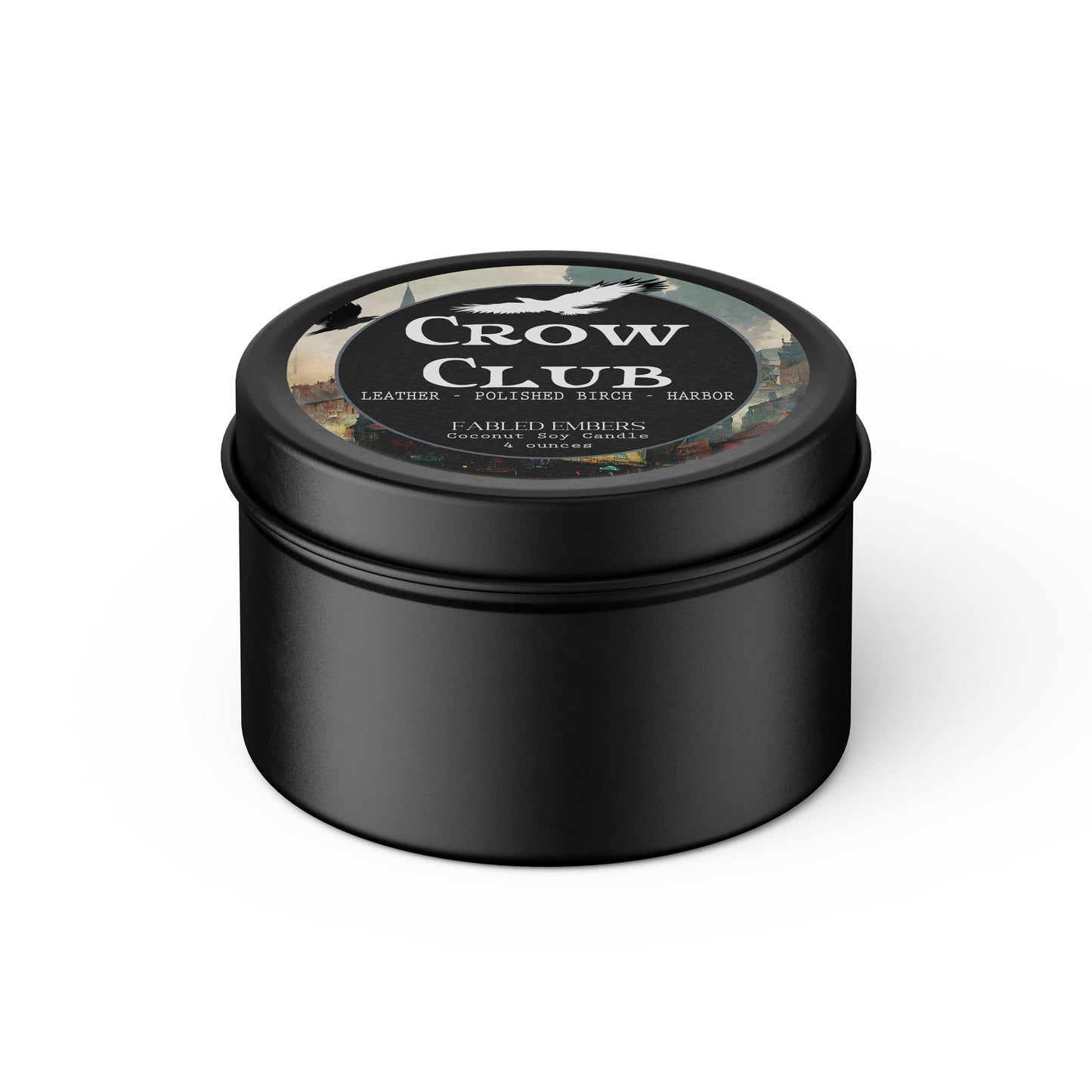 The Crow Club Ketterdam's den of thieves smells like leather and polished wood with notes of sea salt and amber. Inspired by 6 of Crows Black tin 4oz candle coconut soy