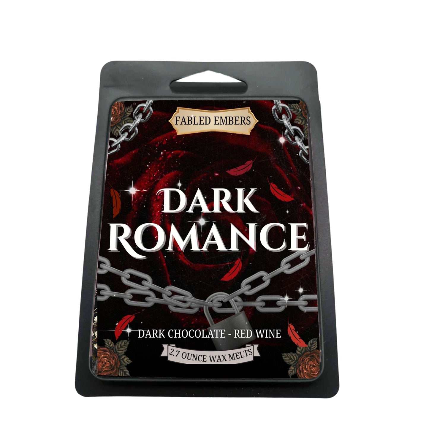 Dark Romance wax melts smells like red wine and dark chocolate, for book lovers, 2.7 ounce soy wax melt in black matte clamshell