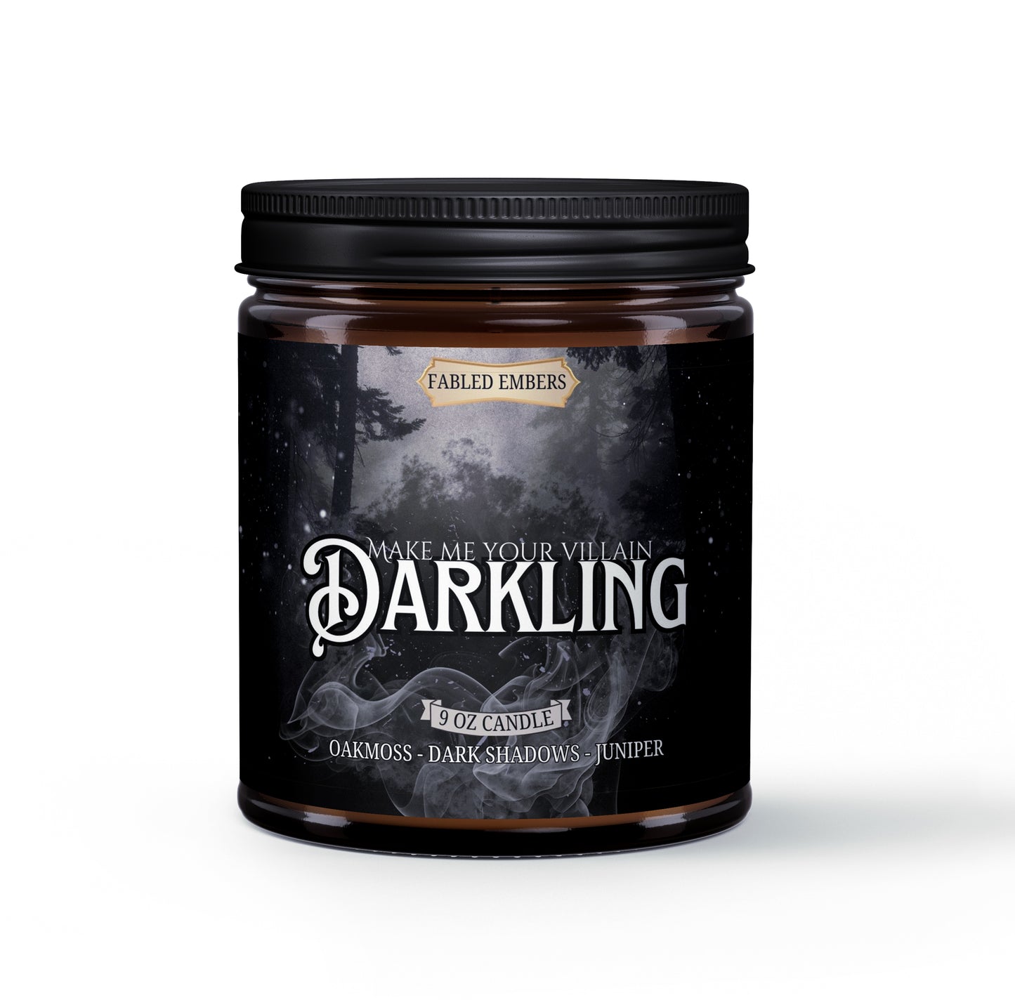 THE DARKLING villain candle 9oz coconut soy wax amber glass jar. Smells like oakmoss and shadows. Book lovers