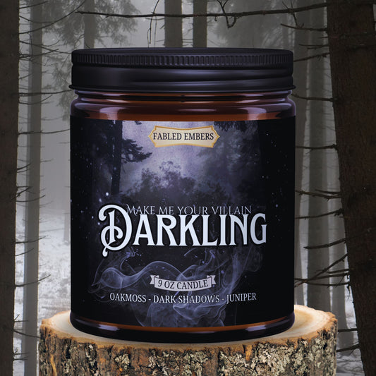 THE DARKLING villain candle 9oz coconut soy wax amber glass jar. Smells like oakmoss and shadows. Book lovers
