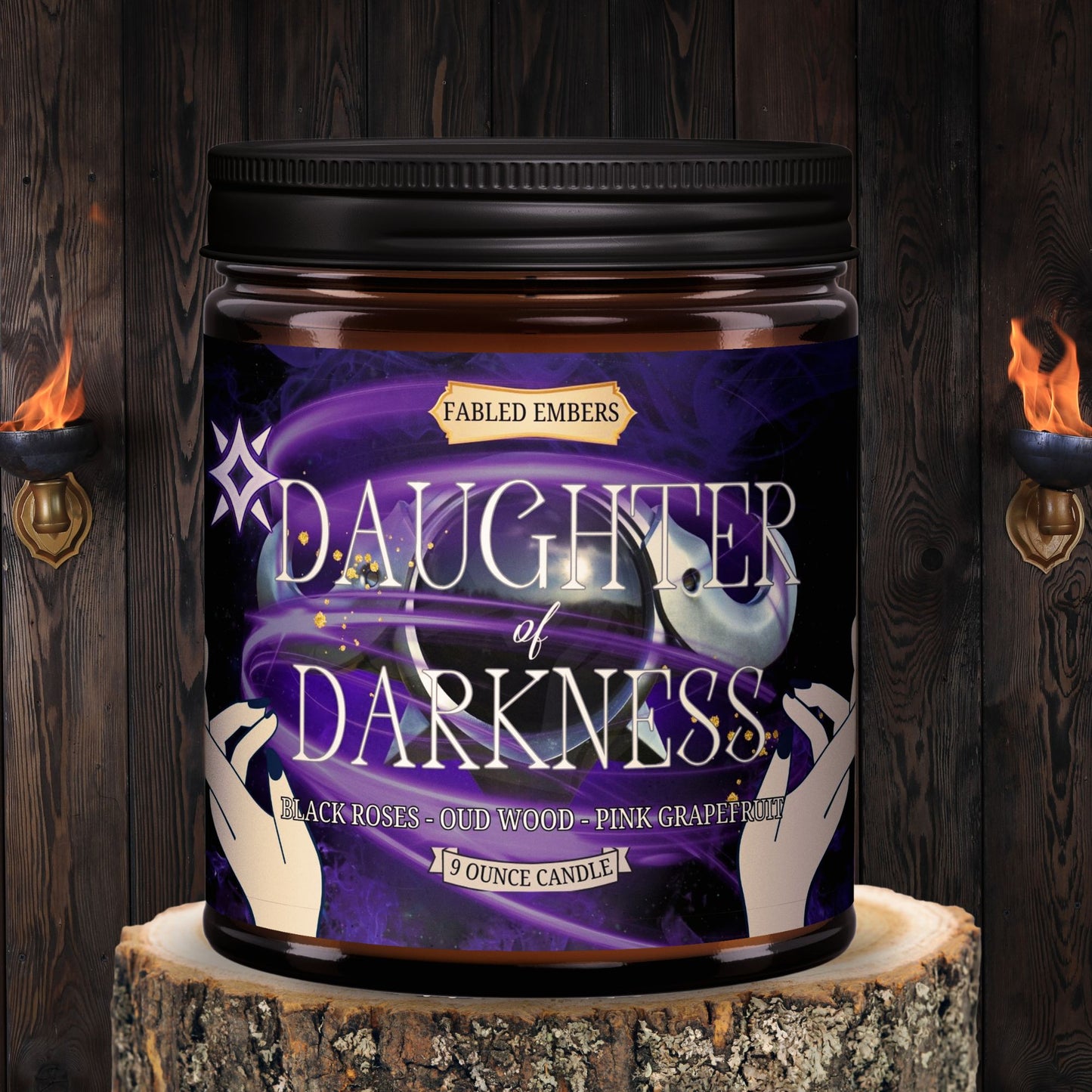A candle labeled 'Daughter of Darkness' with a purple and black color scheme, placed on a wooden surface with a background that suggests a dark, mystical theme.