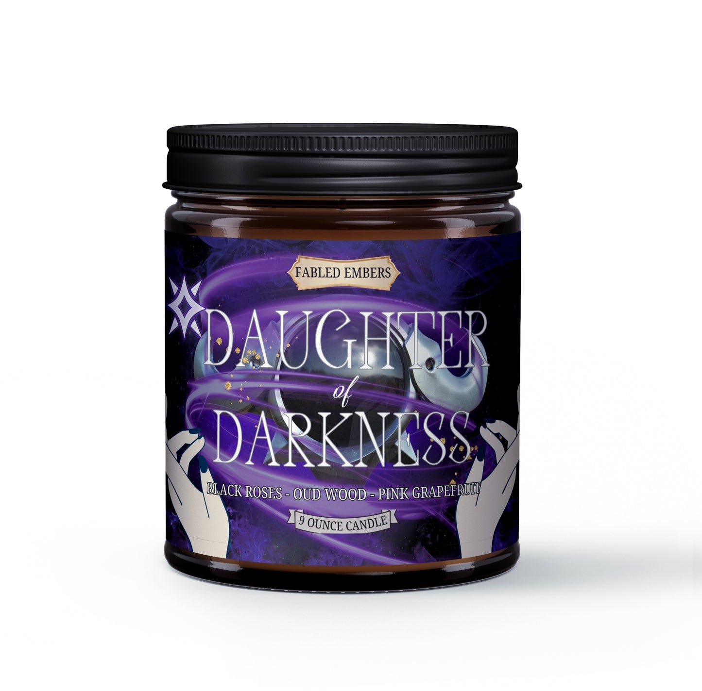 A jar candle with a label that reads 'DAUGHTER OF DARKNESS' with a black and purple color scheme, featuring illustrations of hands and a moon.