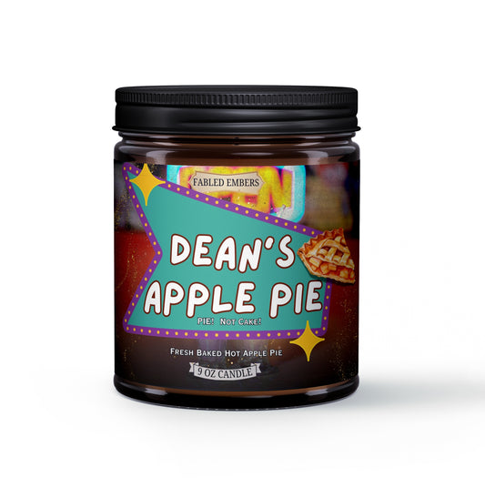 Dean 's Apple Pie is definitely not cake!  Smells like hot apple pie. 9oz coconut soy wax candle in amber glass jar. SPN  forever