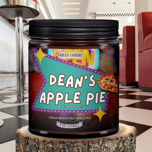 Dean 's Apple Pie is definitely not cake!  Smells like hot apple pie. 9oz coconut soy wax candle in amber glass jar. SPN  forever