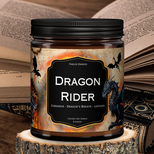 Dragon Rider candle in 9 ounce amber glass jar smells like cinnamon, leather, and dragon's breath. Coconut Soy Wax.