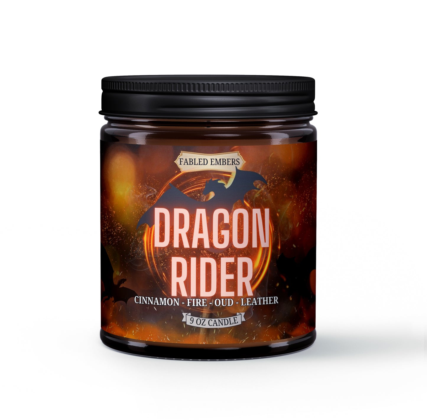 Dragon Rider candle in 9 ounce amber glass jar smells like cinnamon, leather, and dragon's breath. Coconut Soy Wax.