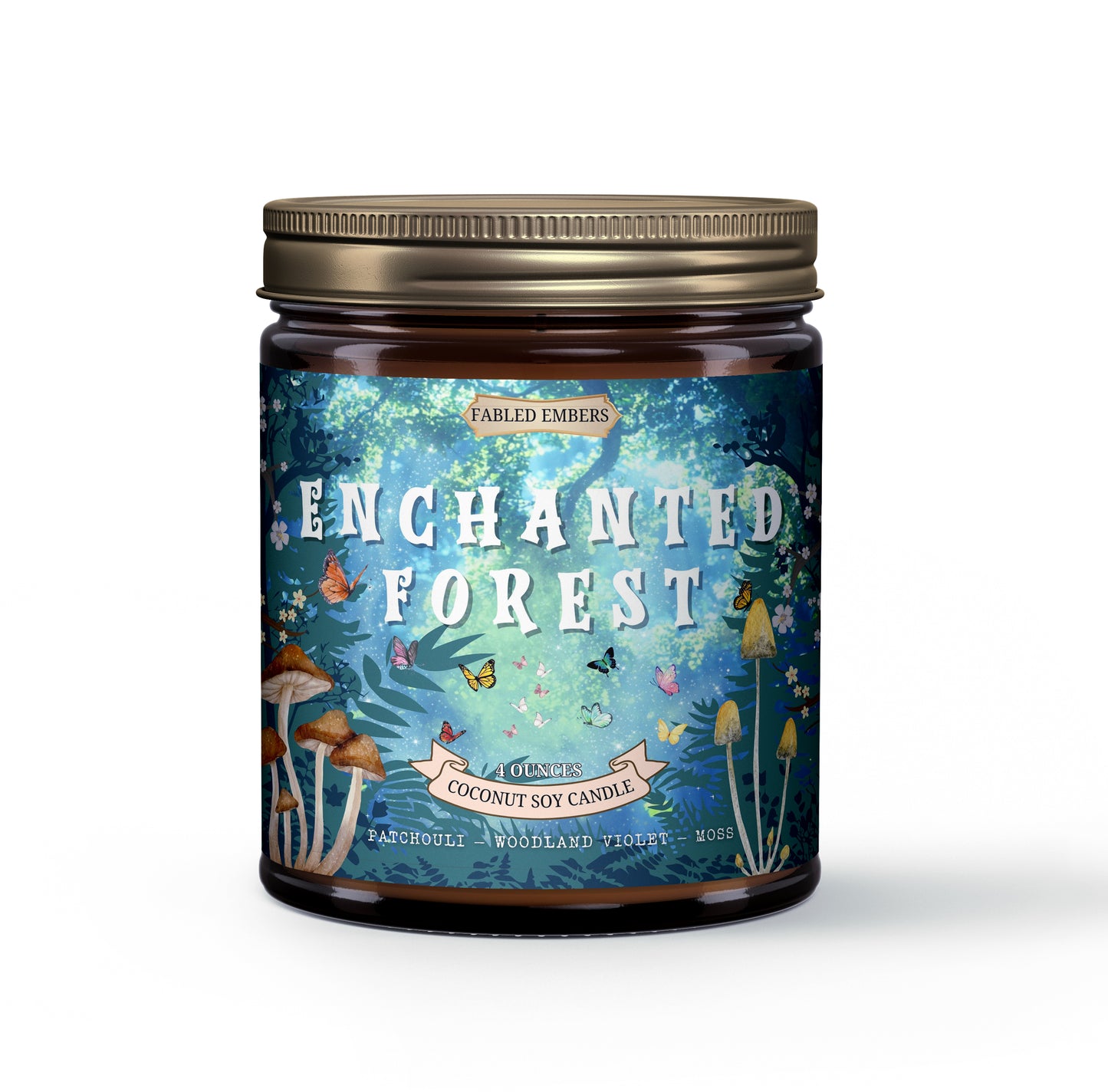 ENCHANTED FOREST smells like moss and mist with patchouli and woodland rose. 4oz coconut soy wax candle. Its label showcases magical forest scenes with bright butterflies and enchanting mushrooms, ideal for cottagecore decor.