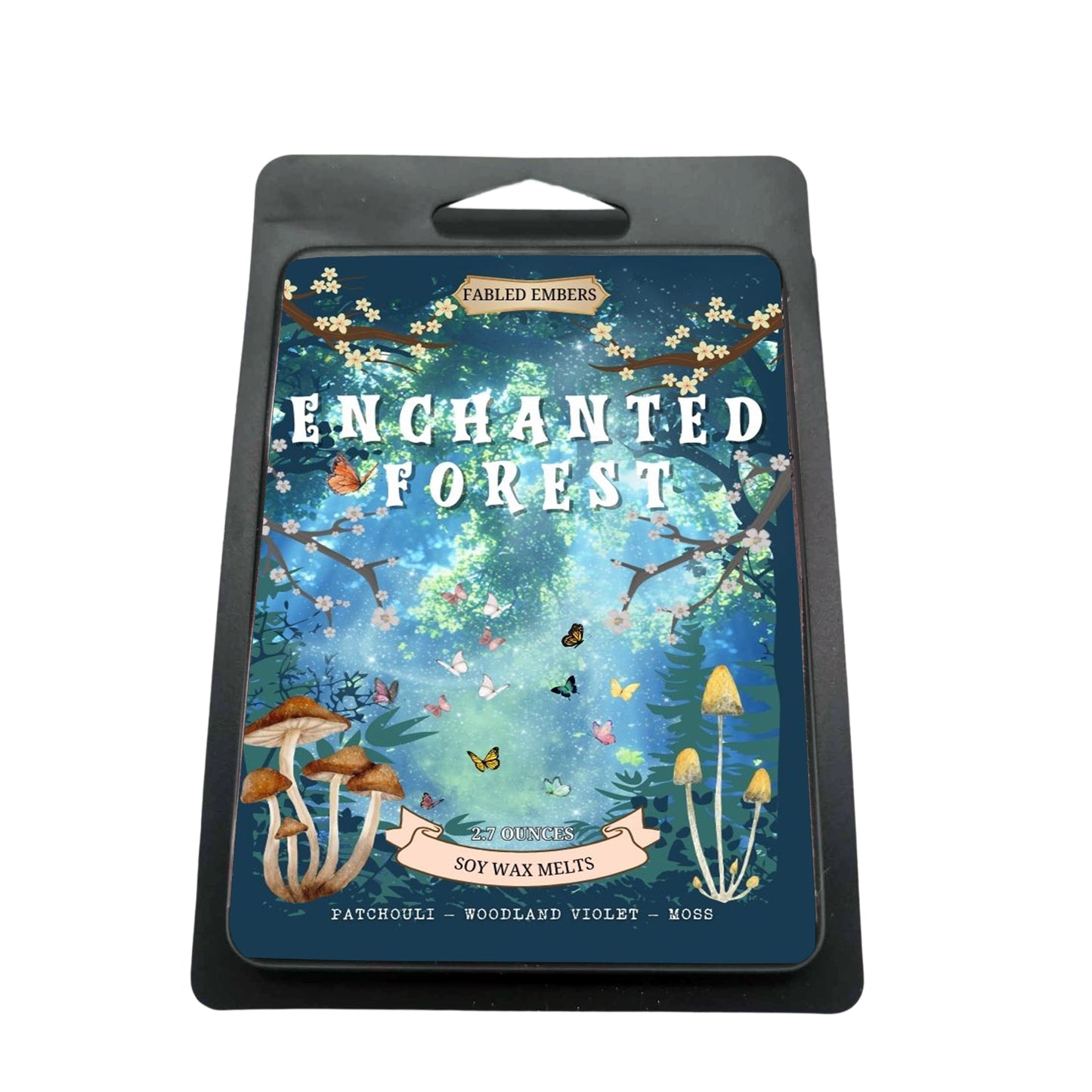 ENCHANTED FOREST smells like moss and mist with patchouli and woodland rose. 2.7oz coconut soy wax melts in a matteblack clam shell.