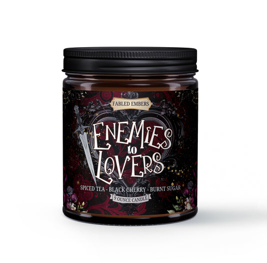 ENEMIES TO LOVERS trope candle for book lovers, smells like black cherries and chai spices in an amber glass jar, coconut soy wax
