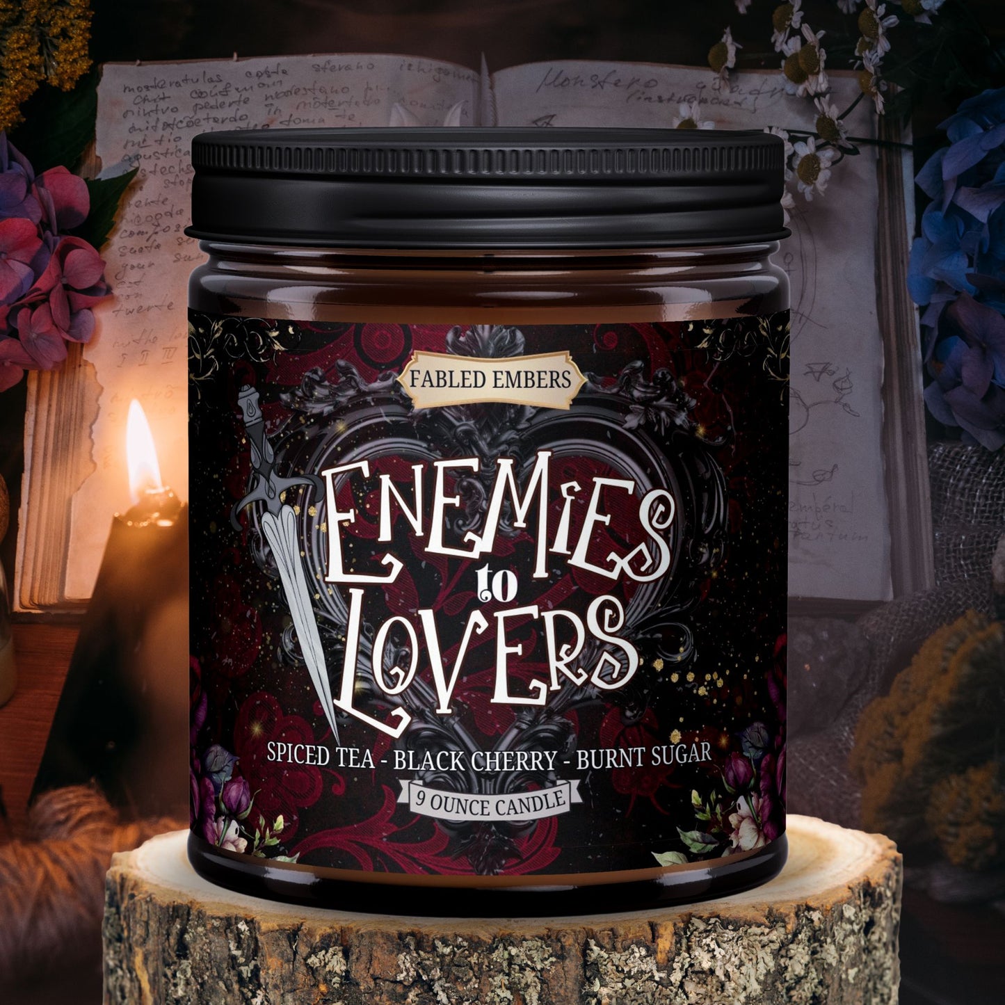 ENEMIES TO LOVERS trope candle for book lovers, smells like black cherries and chai spices in an amber glass jar, coconut soy wax