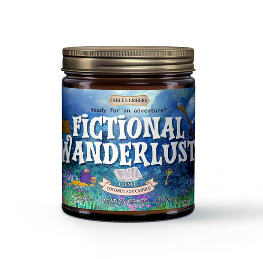 Embark on an epic quest with our "Fictional Wanderlust" coconut soy candle! Its enchanting label features an open book, a mysterious key, and a character ready for adventure amidst a magical landscape. Perfect for RPG nights or diving into fantasy novels.