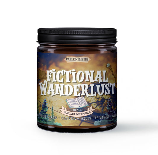 Candle jar with 'Fabled Embers' label featuring 'Fictional Wanderlust' design on a white background