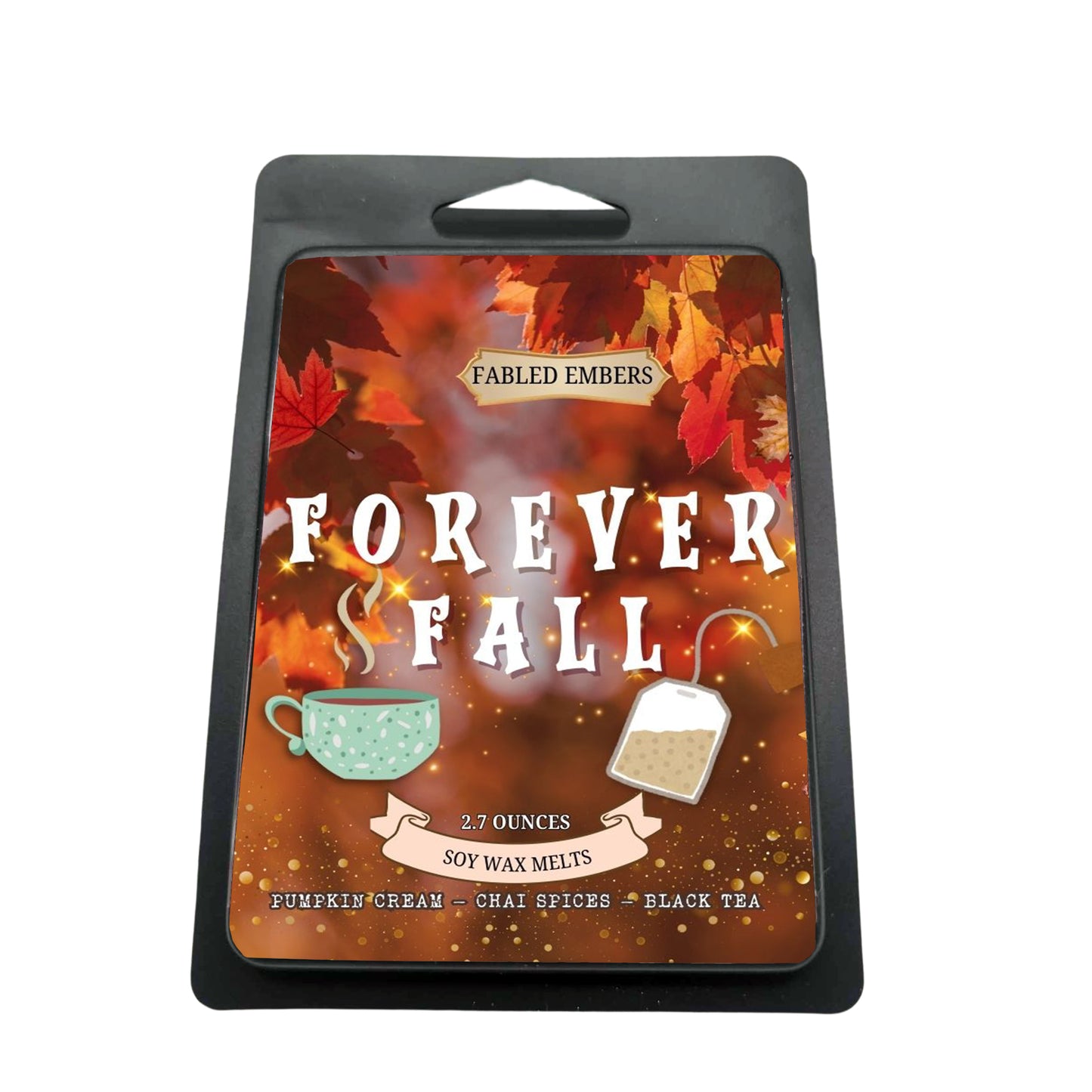 Packaging of 'Forever Fall' soy wax melts by Fabled Embers with autumn leaves and a cup design.