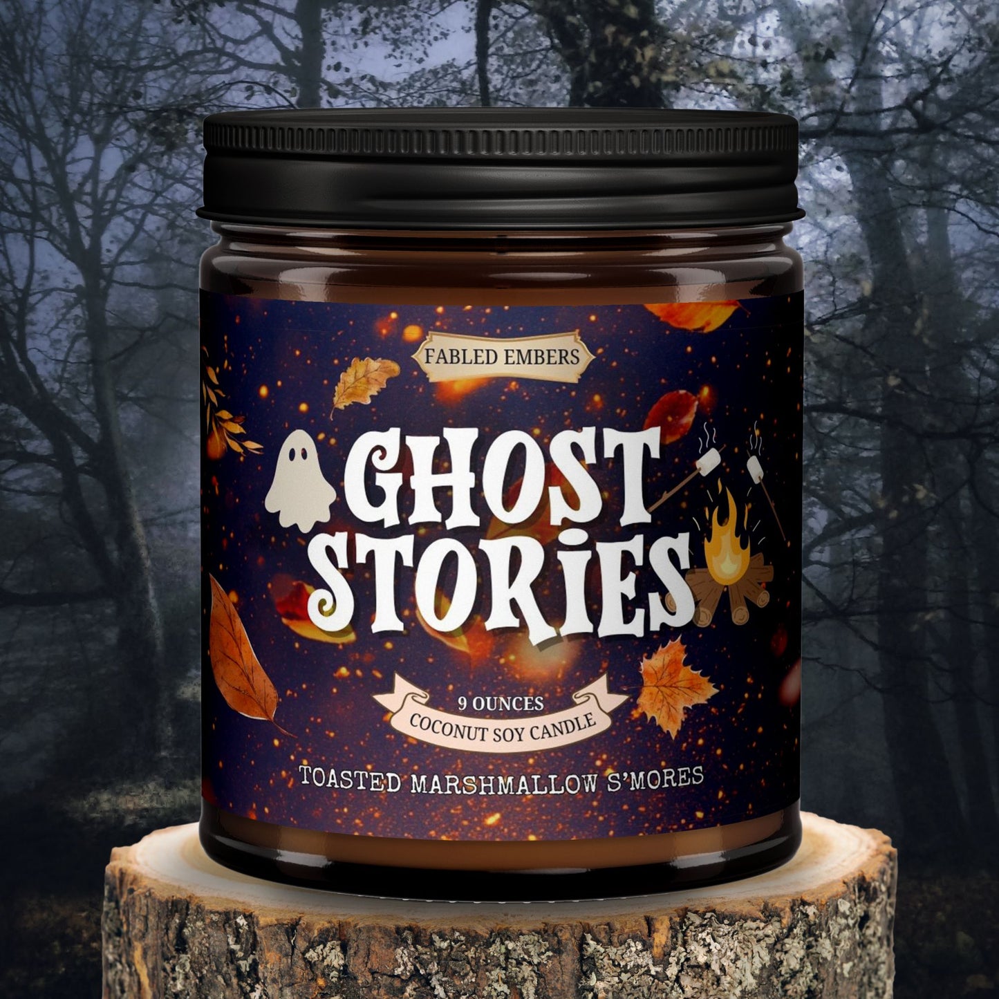 Candle jar labeled 'Ghost Stories' with a forest background