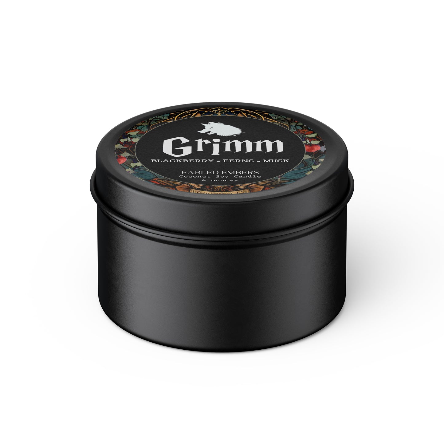 4 ounce GRIMM dark fairytales candle smells like blackberry and ferns bookish scent