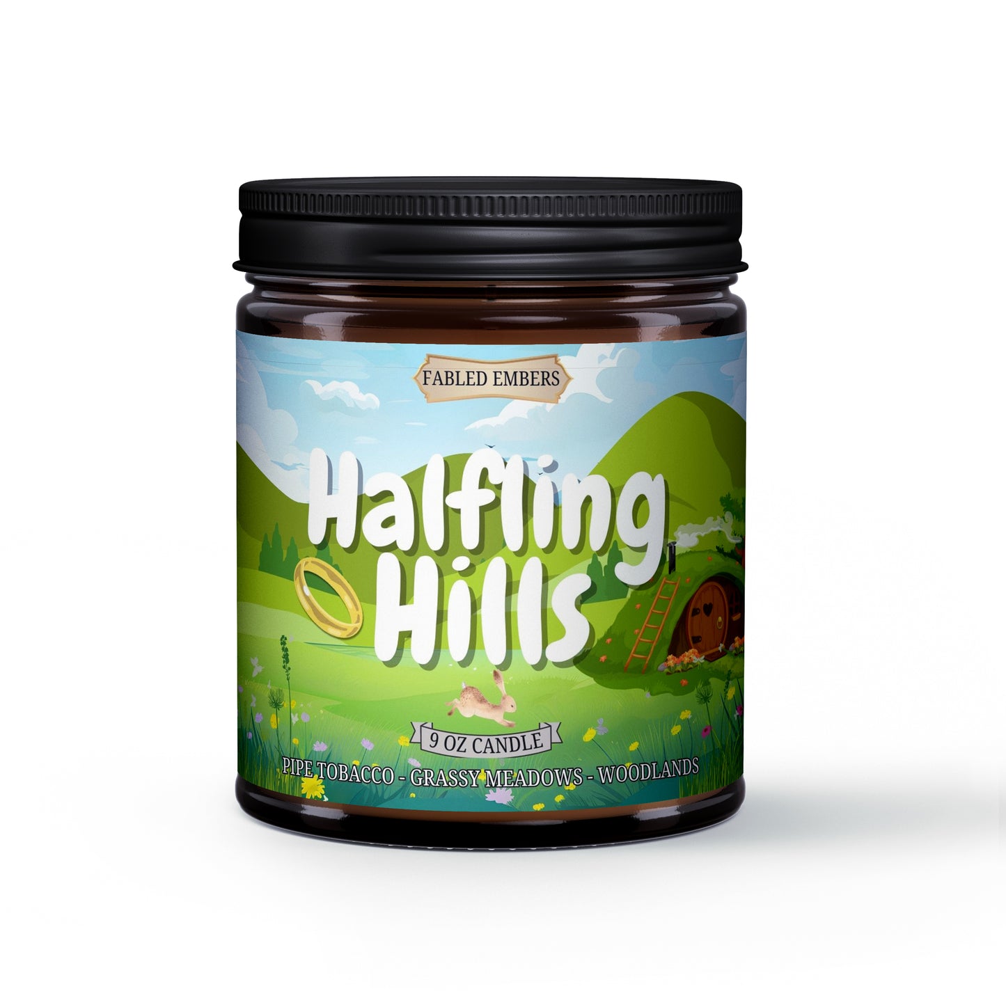 Halfling HIlls - middle earth 9 ounce coconut soy candle amber glass jar gift for book lovers, tolkien