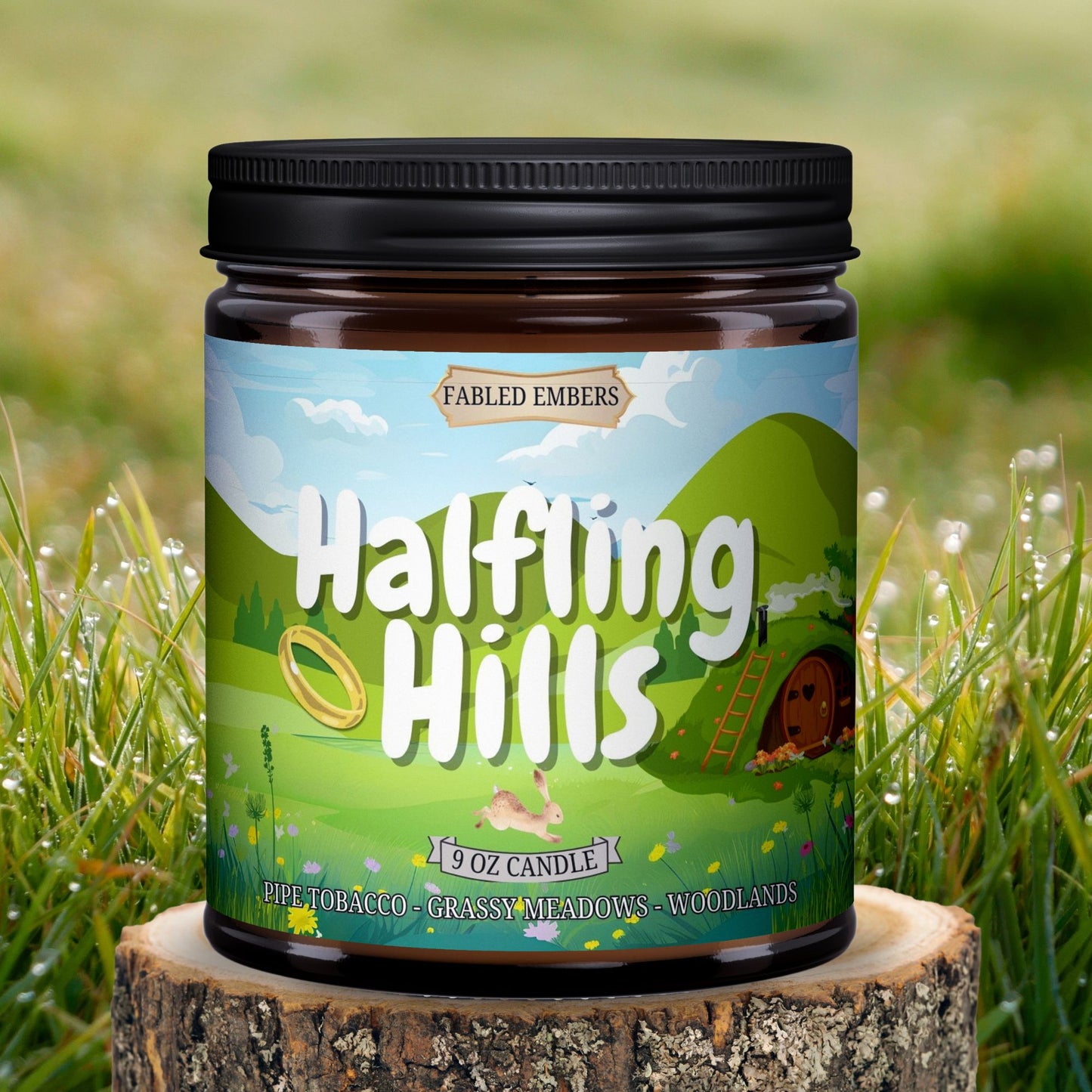 Halfling HIlls - middle earth 9 ounce coconut soy candle amber glass jar gift for book lovers, tolkien