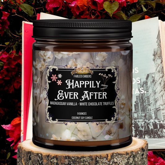 Happily Ever After Candle in an amber glass jar, smells like Vanilla Dreams and White Chocolate Truffles,9 ounce Coconut Soy Candle Embellished