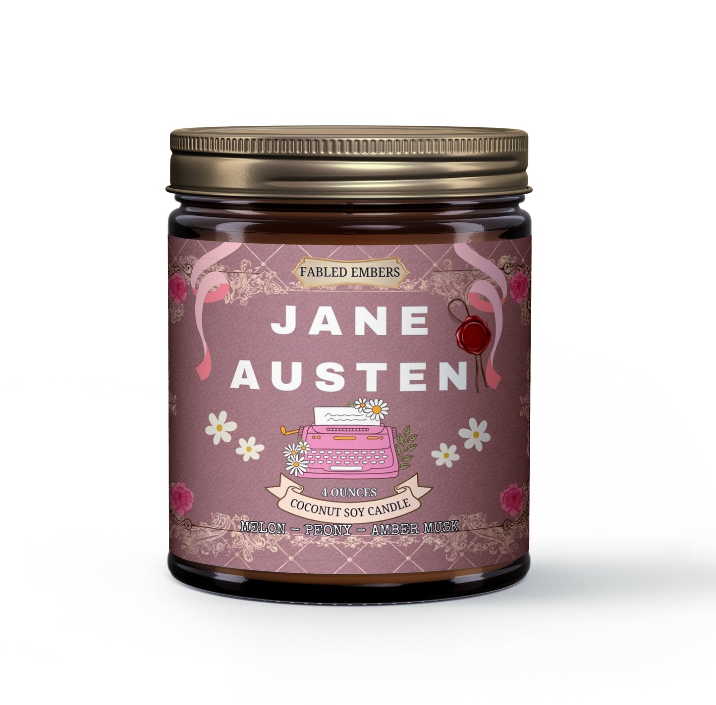 Step into a Regency romance with our "Jane Austen" coconut soy candle. Its elegant label features a vintage pink typewriter, delicate daisies, and rose-adorned scrolls on a charming damask background. Scented with melon, peony, and amber, it's perfect for your literary escape.