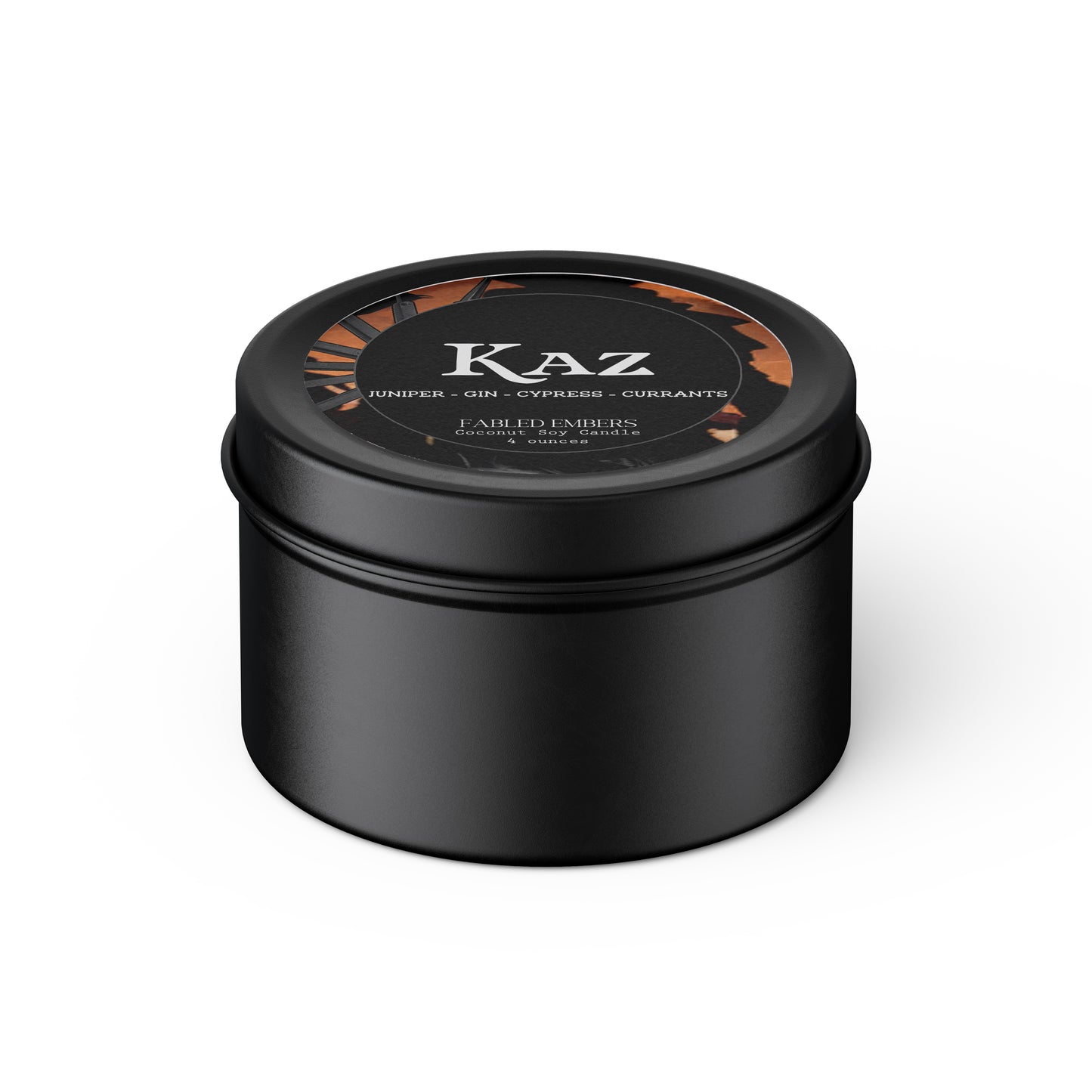 4 ounce coconut soy wax candle in black tin . Book lovers. Kaz smells like leather and velvet musk and cashmere
