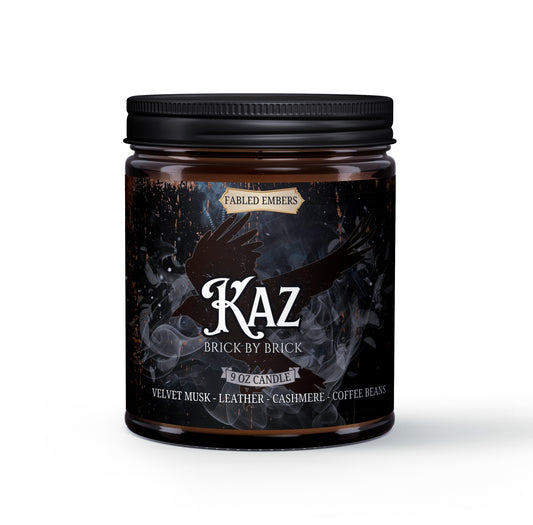 9 ounce coconut soy wax candle in an Amber glass jar. Book lovers. Kaz smells like leather and velvet musk and cashmere